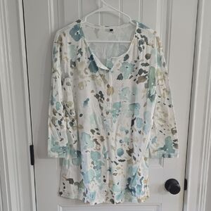 Women's Blue, Green, And White Button-Up Blouse Large